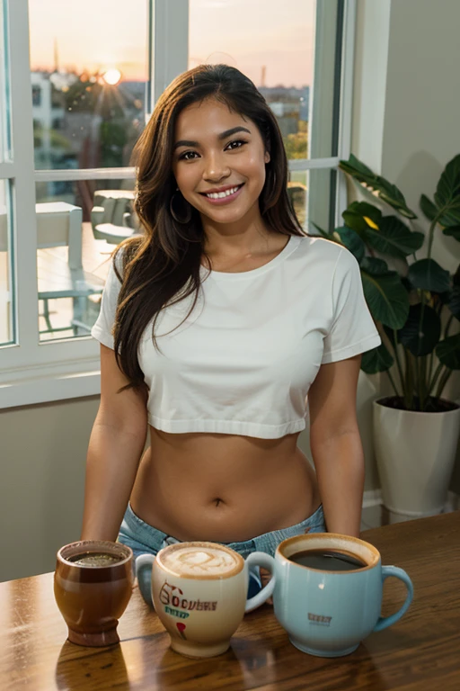 beautiful hispanic woman with no makeup smiling, sunset, window, coffee cups on the table, shallow-focus, 35mm, photorealistic, Canon EOS 5D Mark IV DSLR, f/5.6 aperture, 1/125 second shutter speed, ISO 100 --ar 2:3 --q 2 --v 4