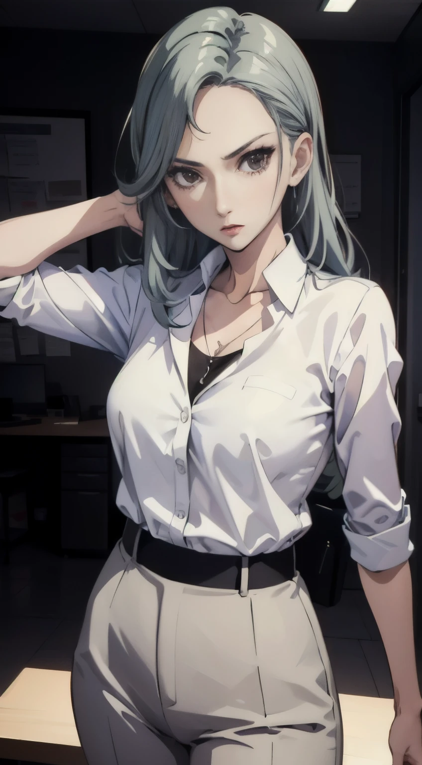 (((masterpiece))) Sae Niijima, wearing an office lady suit, long pants, in an office, standing, serious looks, bright