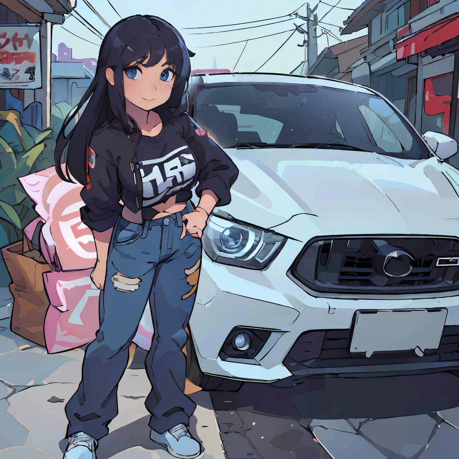 16 K, nffsw, Ray tracing, nffsw, A hyper-realistic, hight resolution, Wide angle shot, Best Quality, masutepiece, Full body image, (Perfect anatomy ), Long Black Hair, happy chuckle, Blue eyes, , Looking at the camera, morning hour, Anime style, Trending on ArtStation, wlop, sakimichan, awardwinning, amazing composition, Perfect, Great lighting, Leaning against a Japanese light car, 1Car, Car Girl, A racing girl