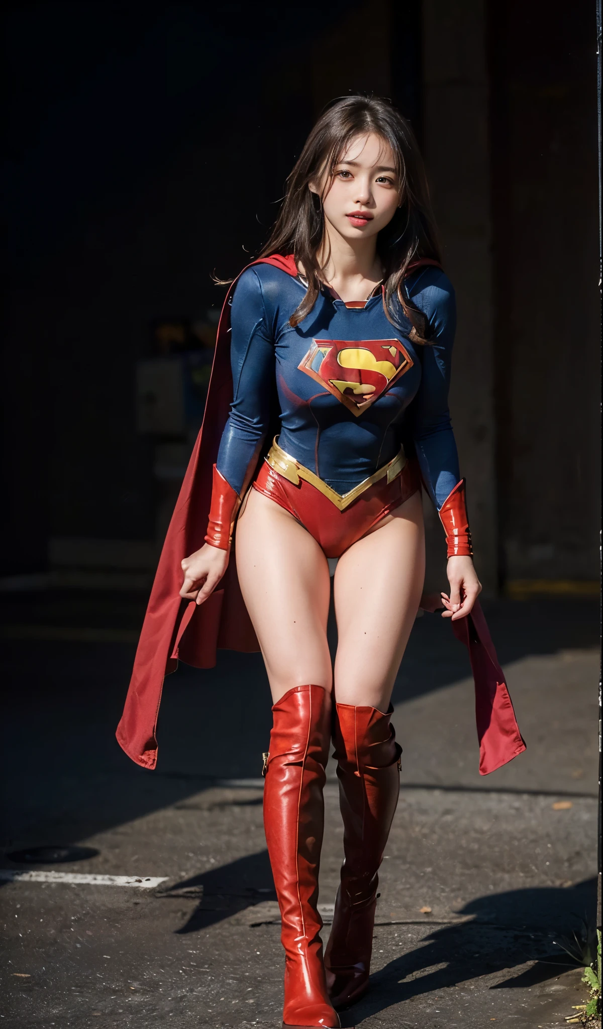 No background、Are sleeping、lying back on、(((Wear black tights on your beautiful legs.)))、(((Grow legs、tall、Legally express the beauty of your smile)))、((((Make the most of the original image)))、(((Supergirl Costume)))、(((beautiful hairl)))、(((Suffering)))、(((Feet must necessarily be worn with black tights)))、(((You need to wear red boots)))、((Top image quality、8K))、((top-quality、8K、​masterpiece:1.3))、(((Keep Background )))、Crisp focus:1.2、Beautiful woman with perfect body shape:1.4、Slender Abs:1.2、a wet body:1.5、Highly detailed facial and skin texture、8K
