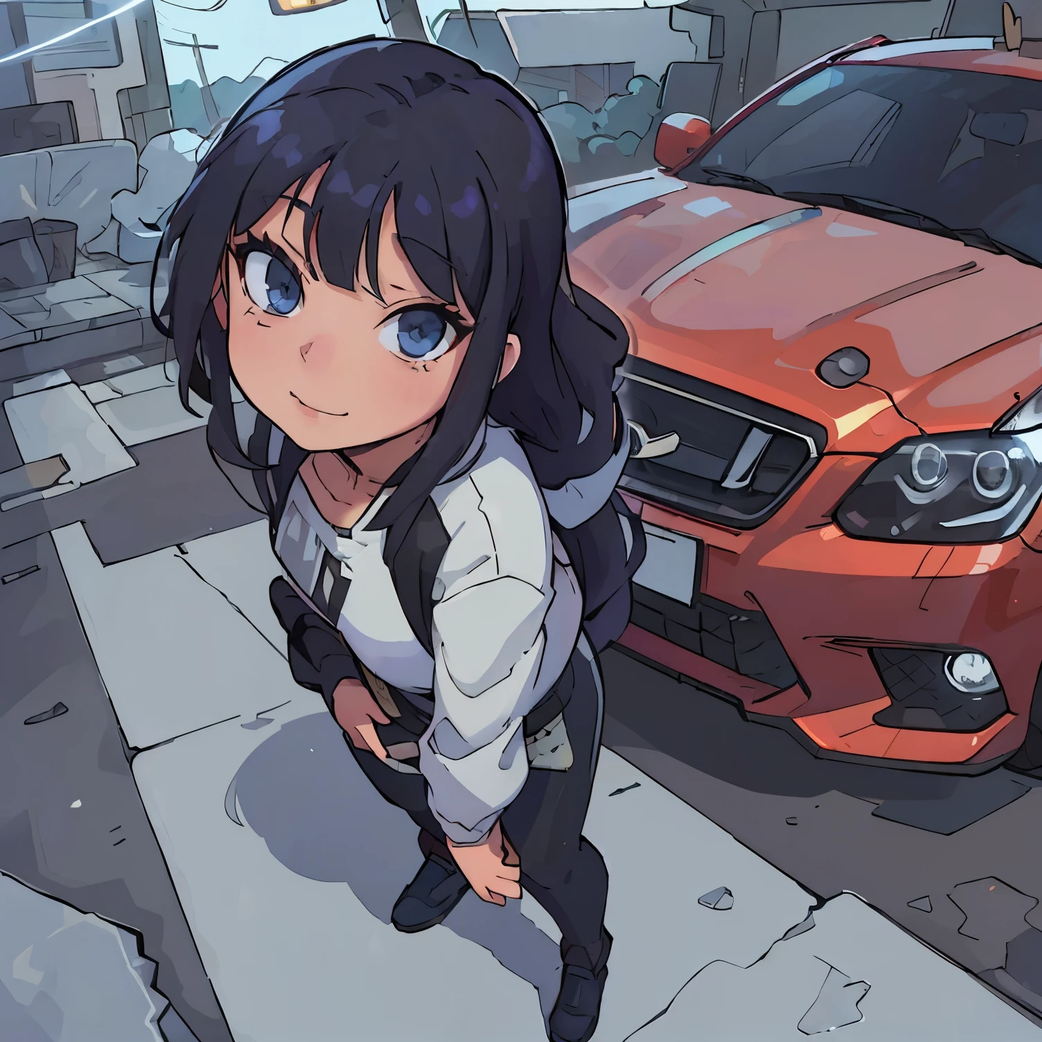 16 K, nffsw, Ray tracing, nffsw, A hyper-realistic, hight resolution, Wide angle shot, Best Quality, masutepiece, Full body image, (Perfect anatomy ), Long Black Hair, happy chuckle, Blue eyes, , Looking at the camera, morning hour, Anime style, Trending on ArtStation, wlop, sakimichan, awardwinning, amazing composition, Perfect, Great lighting, Leaning against a Japanese light car, 1Car, Car Girl, A racing girl