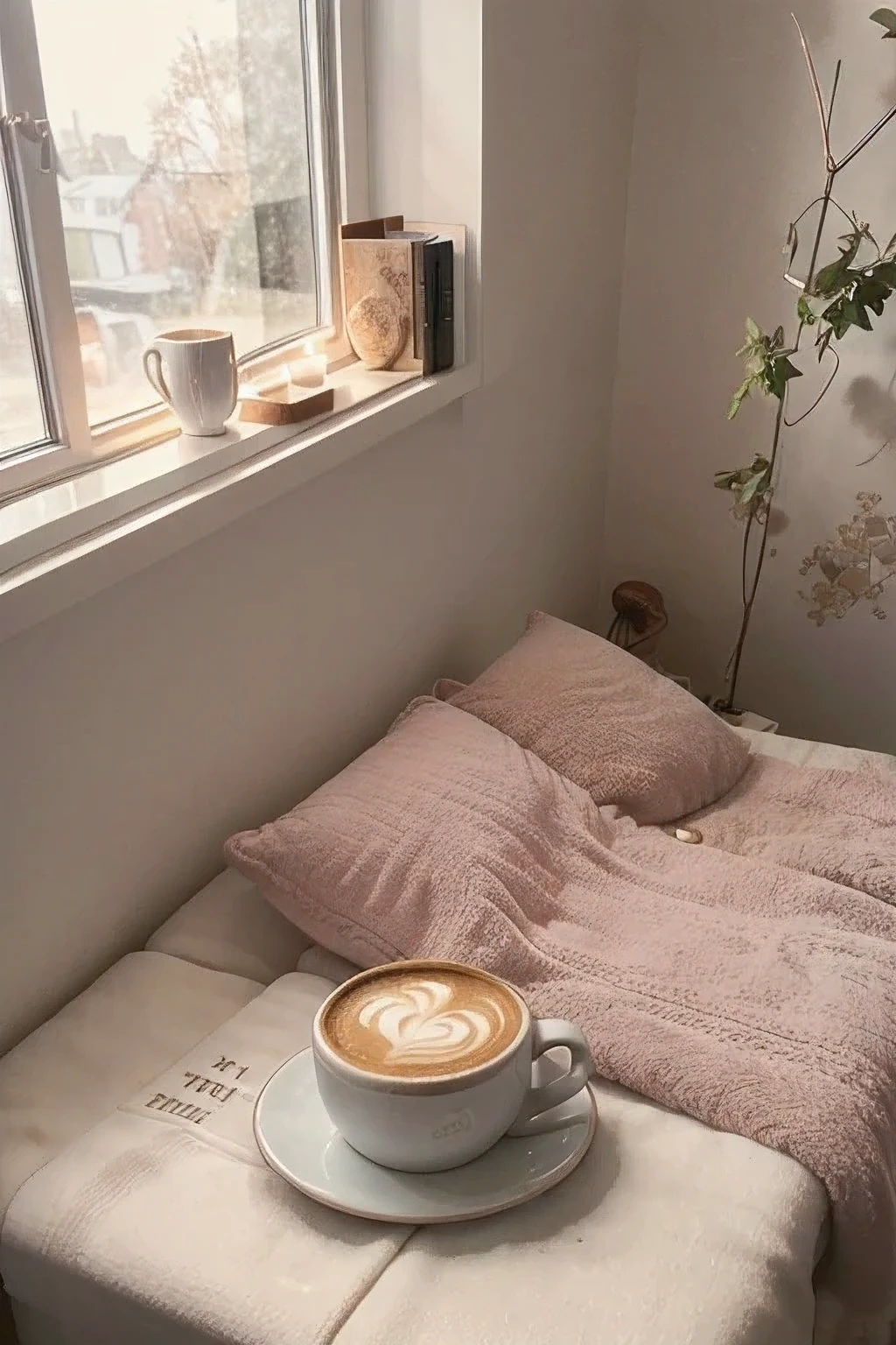 there is a cup of coffee and a book on a window sill, hygge, cozy wallpaper, cosy vibes, cozy aesthetic, cozy home background, cozy setting, early morning mood, happy cozy feelings, soft - warm, cozy place, soft morning light, morning time, cozy and calm, cosy atmoshpere, cozy environment, cozy atmospheric, pink theme
