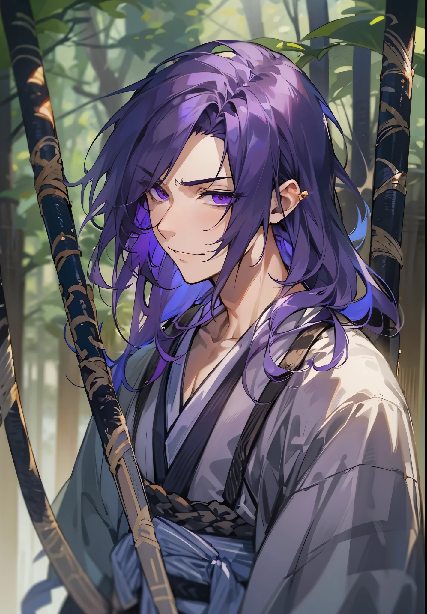 1male, , Demon slayer, Black and purple hair, long hair, tied up hair, Green Haori, Smirk on face, Purple eyes, Forest