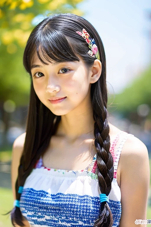 Beautiful girl wearing summer knit、japanes、terraces、sixteen years old、Spinning、hair clips、