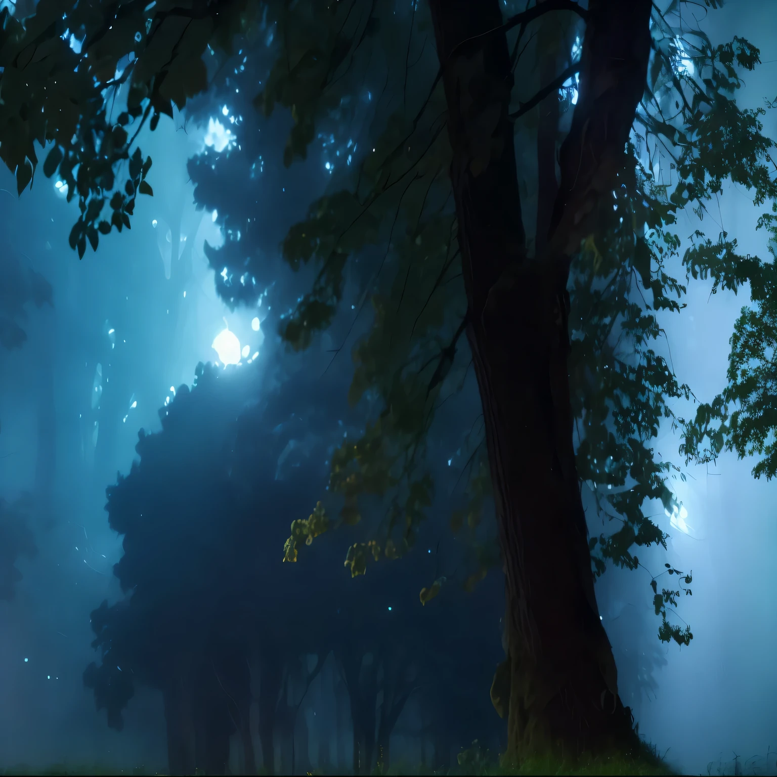 misty forest at night, dark, pitch black