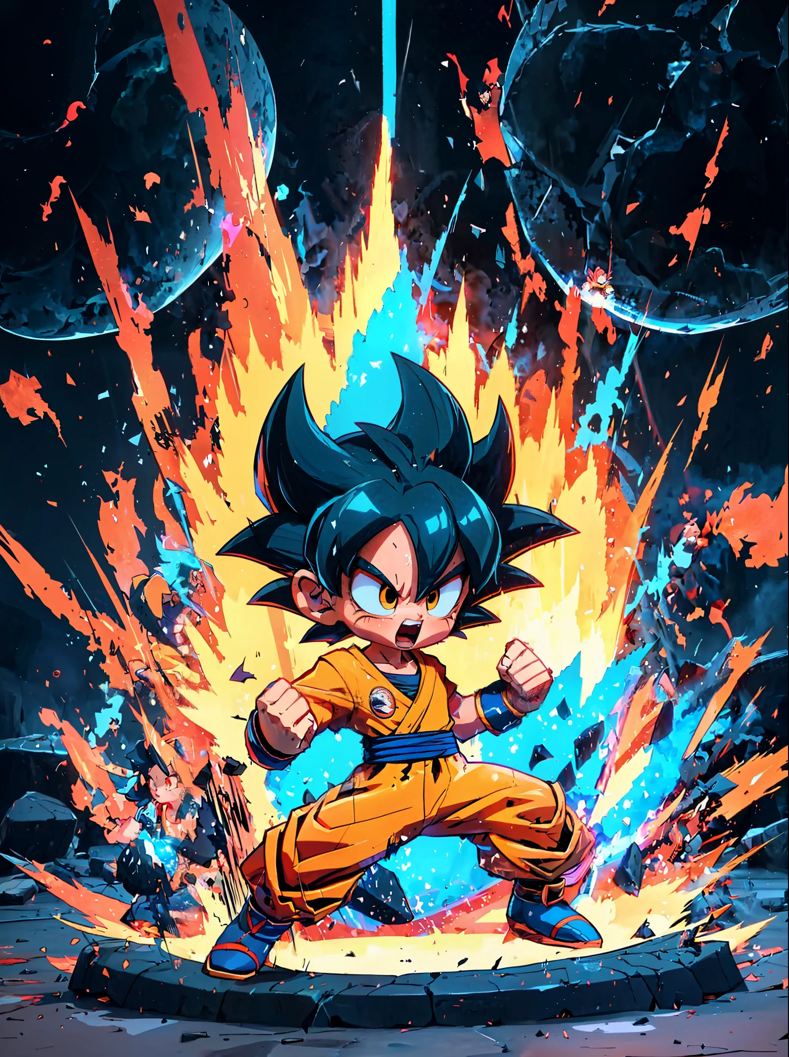 goku chibi chara,fighting pose,battlefield,vegeta,piccolo,detailed eyes,detailed lips,extremely detailed eyes and face,long eyelashes,[digital illustration],vivid colors,[highres,ultra-fine painting],physically-based rendering,sharp focus,studio lighting[war zone],[dark and intense],powerful aura,rippling muscles,straining muscles[energy blasts],fierce expression,tensed fists,anime style, [dramatic lighting],[warrior spirit],glowing energy,fast motion,action-packed scene[epic battle],intense fight,energy beams,smoke and dust,flying debris,swords clashing[powerful movements],crackling lightning,earth-shaking impacts[splashes of vibrant colors],[high-contrast], [dynamic composition],intense emotions,stunning visuals