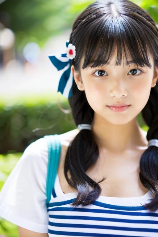 Beautiful girl wearing summer knit、japanes、terraces、sixteen years old、Spinning、hair clips、shortpants、A dark-haired、