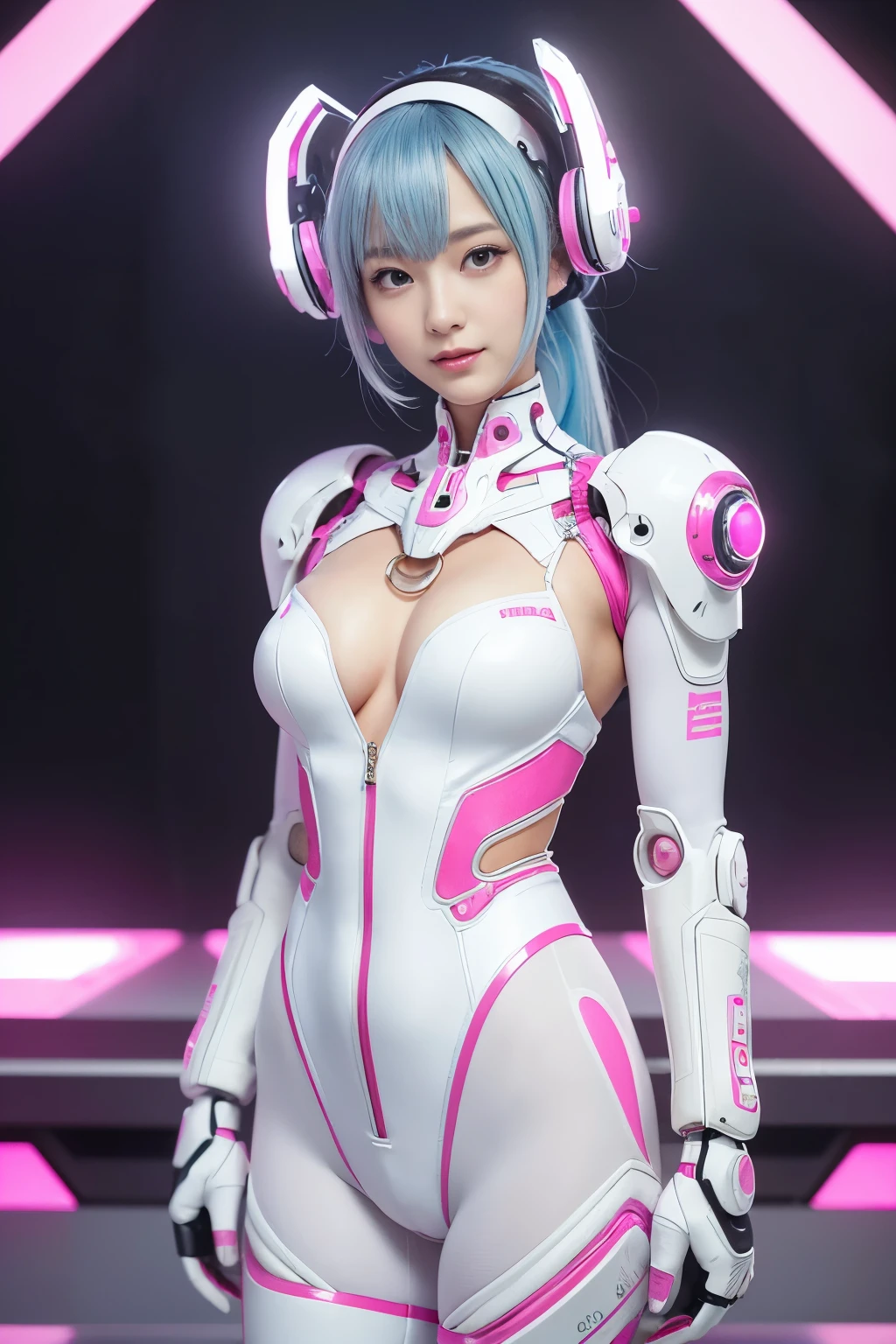 (Best Quality, High resolution, masutepiece:1.2), Ultra-detailed, Realistic:1.37, (Perfect Anatomy),1 girl in, full body Esbian, Cute and beautiful Japanese woman in her 20s, Moe robot,Standing, 　beautiful eyes beautiful skin, detailed facial features, intricate hair, detailed costume, Beautiful lips,　(White and pink biorobot suit and boots with futuristic design details.),　Metal necklace,, Seductive makeup,,has light blue hair tied up，Moe Pose、A smile, 　cyber lab