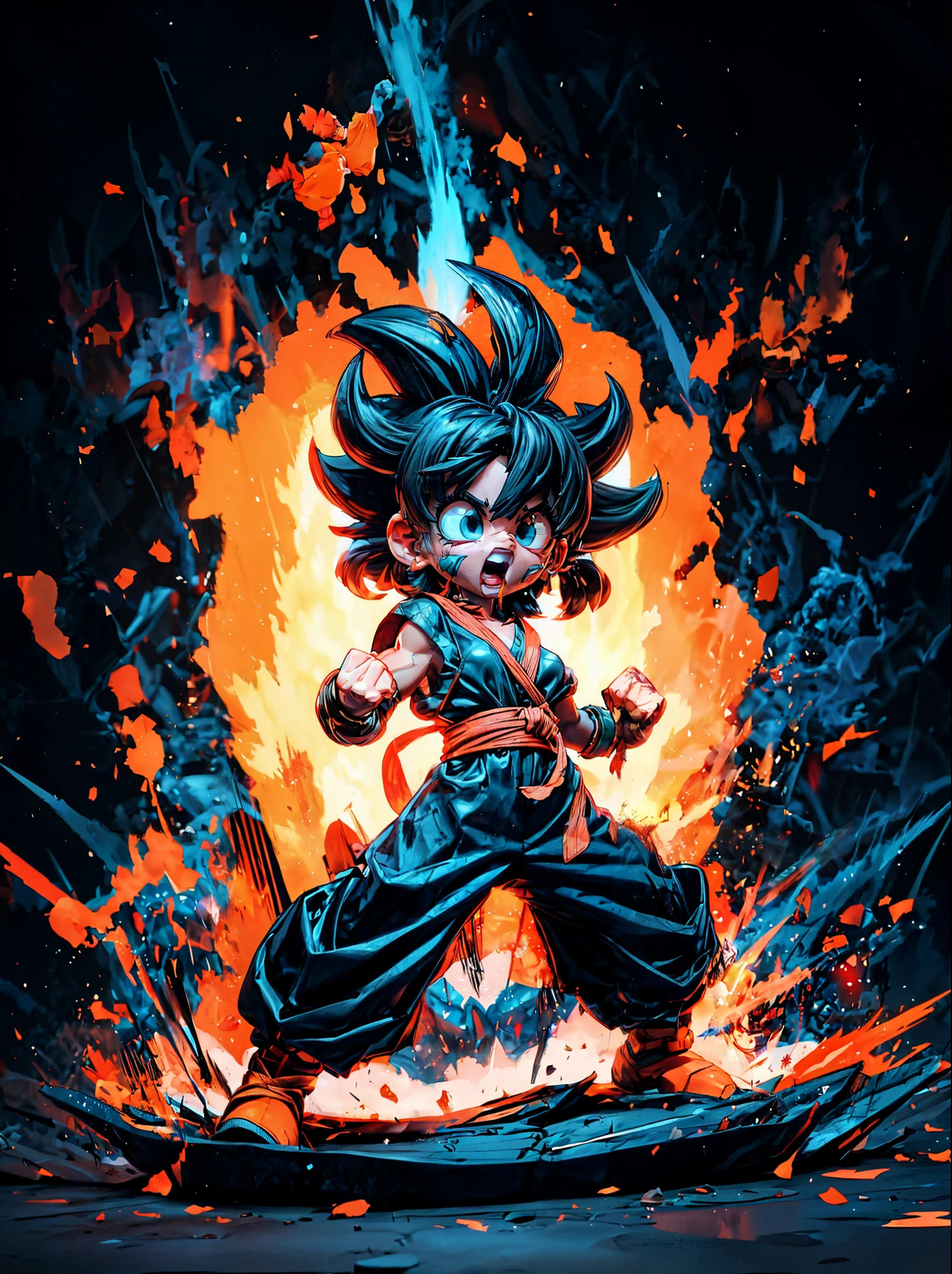 goku chibi chara,fighting pose,battlefield,vegeta,piccolo,detailed eyes,detailed lips,extremely detailed eyes and face,long eyelashes,[digital illustration],vivid colors,[highres,ultra-fine painting],physically-based rendering,sharp focus,studio lighting[war zone],[dark and intense],powerful aura,rippling muscles,straining muscles[energy blasts],fierce expression,tensed fists,anime style, [dramatic lighting],[warrior spirit],glowing energy,fast motion,action-packed scene[epic battle],intense fight,energy beams,smoke and dust,flying debris,swords clashing[powerful movements],crackling lightning,earth-shaking impacts[splashes of vibrant colors],[high-contrast], [dynamic composition],intense emotions,stunning visuals