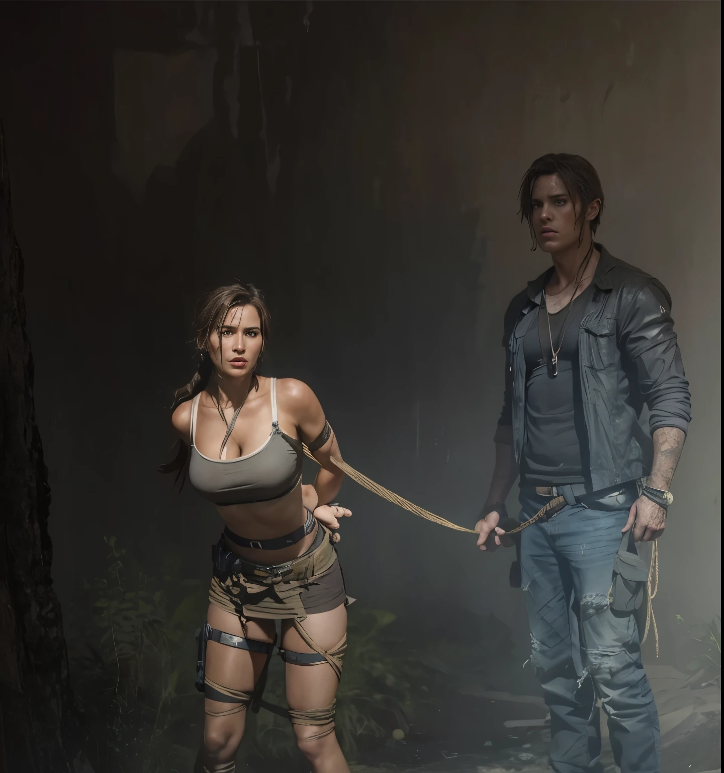 Lara croft captured by a man, tied up, bondage, detailed face detailed body, realistic,