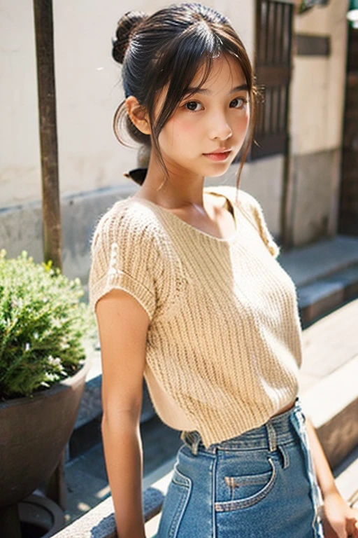 A beautiful girl wearing a beige summer knit、japanes、terraces、sixteen years old、Spinning、a miniskirt、Bun hair、A dark-haired、