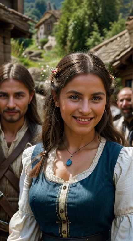 a group of fantastic storytellers gathered with people in ancient villages in 19th century Germany,a group of smiling people, detailed, blended, high quality, high resolution, realistic, hyper-realistic, hyper-detailed, stunning details, colorful, cinematic, soft light, stunning detailed scene, masterpiece, maximized details, cinematic background, atmosphere of the time