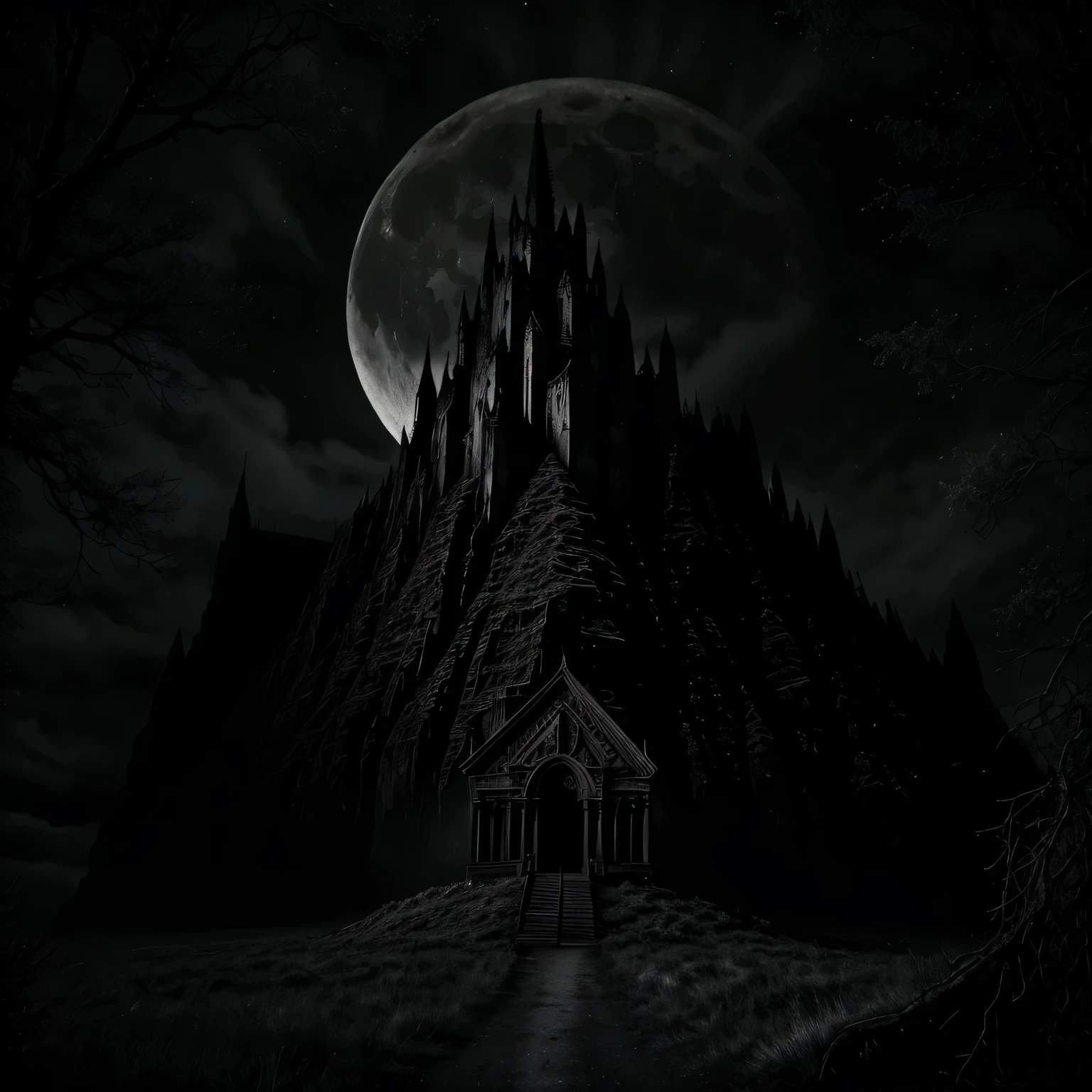 bare mountain, realistic, high quality, sharpness, dark atmosphere, gothic, hysterical, giant moon, creepy trees,