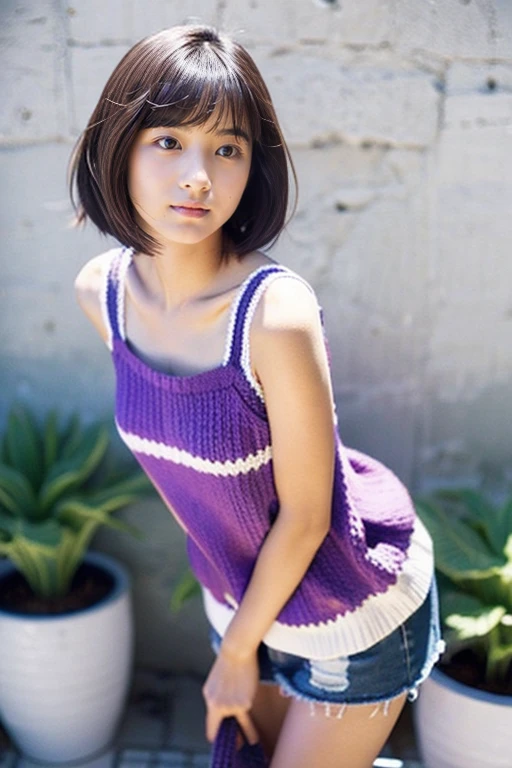 A beautiful girl wearing a purple and white summer knit、japanes、terraces、sixteen years old、Spinning、a miniskirt、short-hair、A dark-haired、