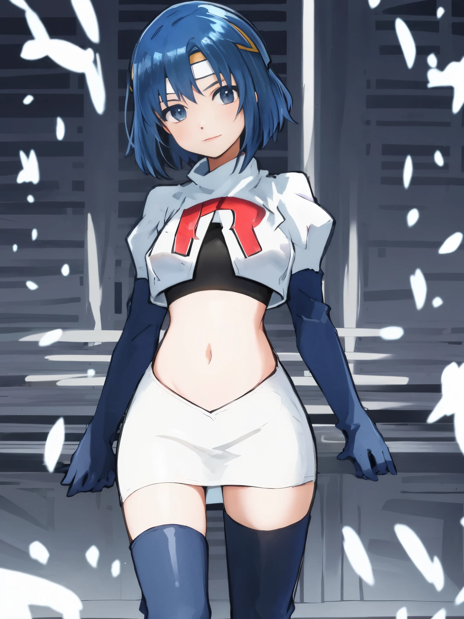 catria_echoes, 1girl, solo, short hair, zettai ryouiki, headband, team rocket,team rocket uniform, red letter R, white skirt,white crop top,black thigh-highs,black elbow gloves,