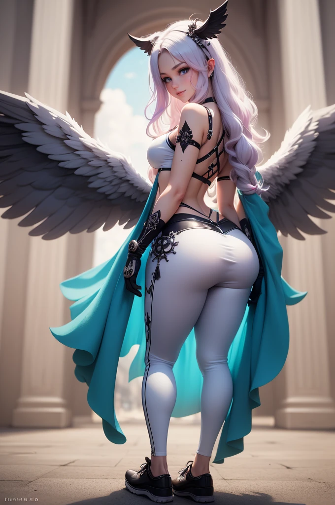 1girl,solo,super detailed skin,shiny skin,wet oily skin,natural face,majestic wings, majestic halo, angelic skin, deep detailed eyes,eyelashes, large breasts,beautifully shaped ass,vibrant colors,standing,night ruins,bent over,back shot,from behind,masterpiece,best quality,ultra detailed,high resolution,sharp focus,depth of field,