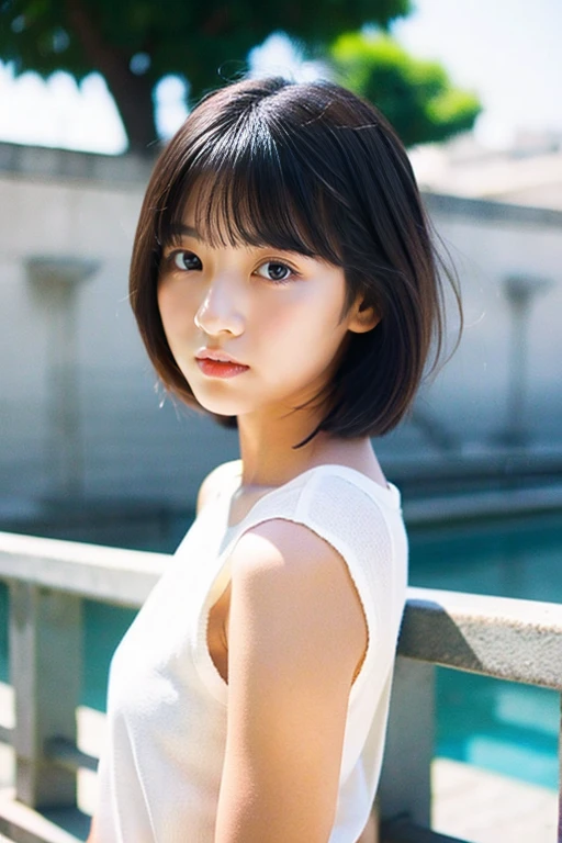 girl with black hair and short bob、small breasts、slouch