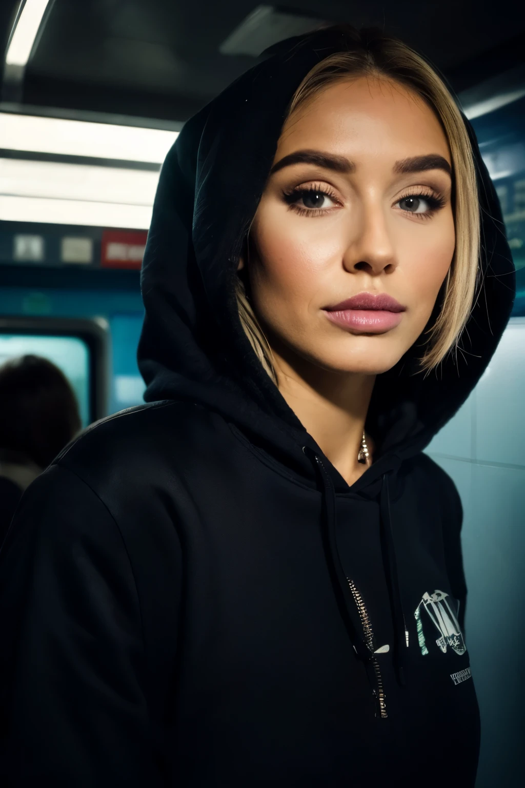 Portrait of a sad one, beautiful girl with hoodie in a subway at night, regnerische Nacht, gorgeous eyes, neblige Nachtlichter, Dramatische Lichter, Neonlichter, Hardwave aesthetic, kalte Lichter, Dark cyberpunk aesthetic, extremely beautiful woman.