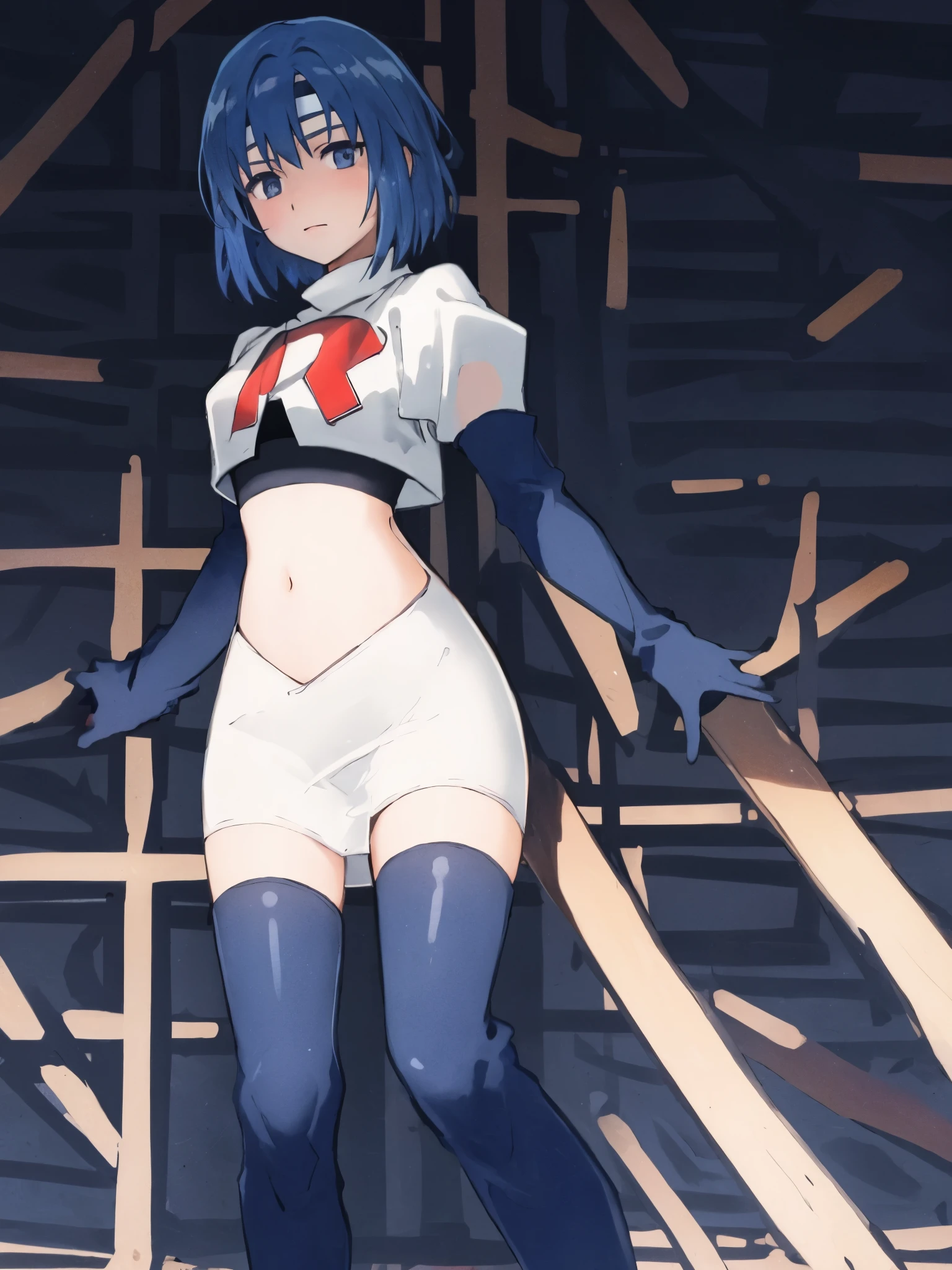 catria_echoes, 1girl, solo, short hair, zettai ryouiki, headband, team rocket,team rocket uniform, red letter R, white skirt,white crop top,black thigh-highs,black elbow gloves,