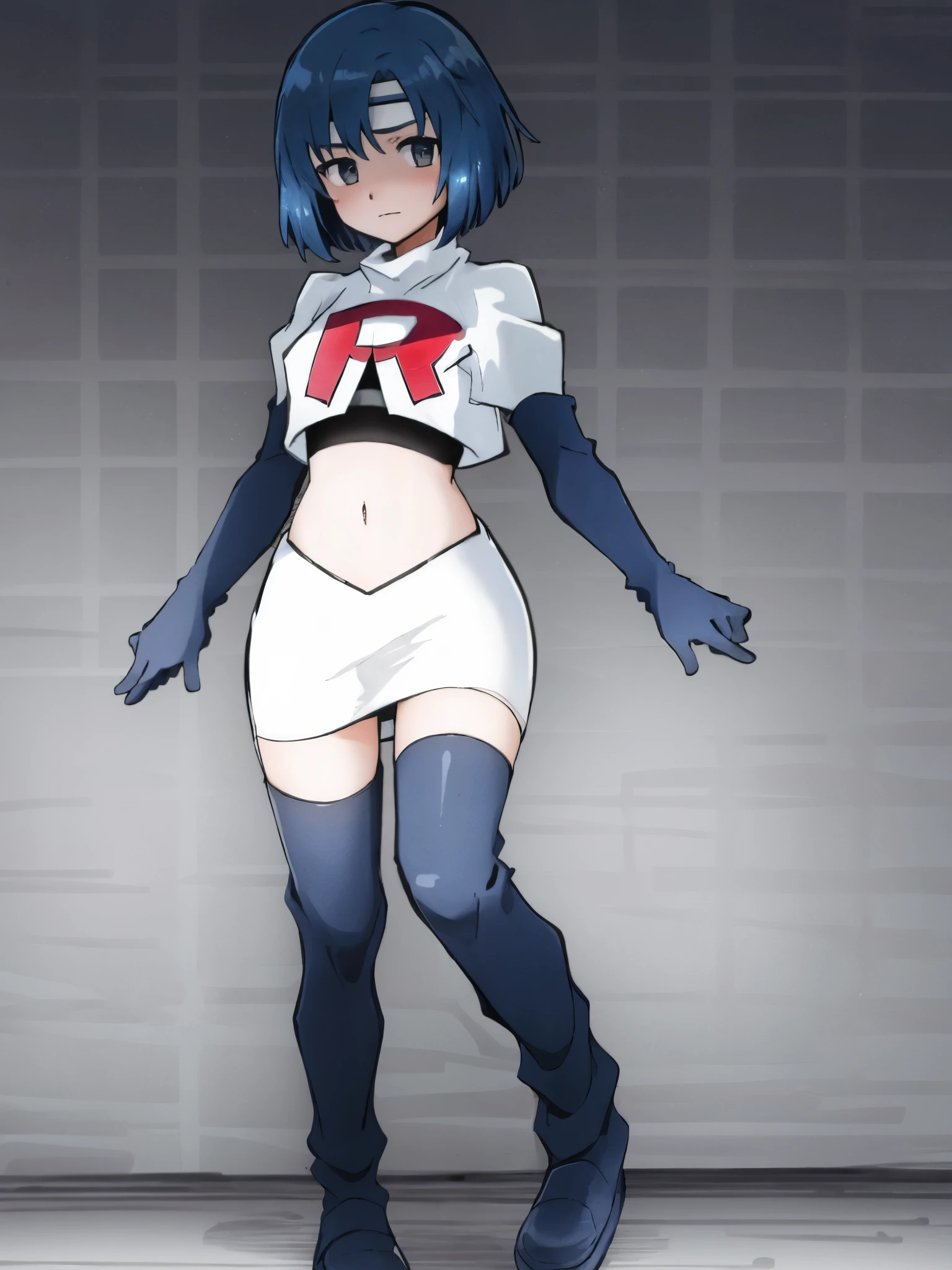 catria_echoes, 1girl, solo, short hair, zettai ryouiki, headband, team rocket,team rocket uniform, red letter R, white skirt,white crop top,black thigh-highs,black elbow gloves,