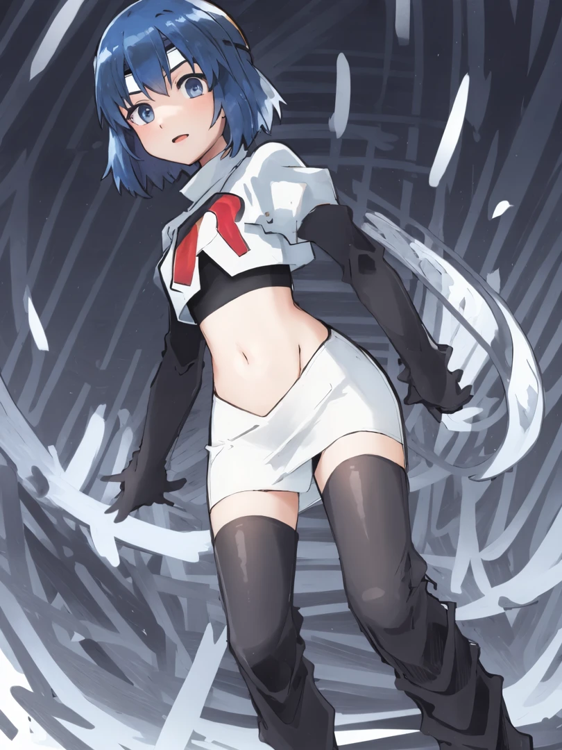 catria_echoes, 1girl, solo, short hair, zettai ryouiki, headband, team rocket,team rocket uniform, red letter R, white skirt,white crop top,black thigh-highs,black elbow gloves,