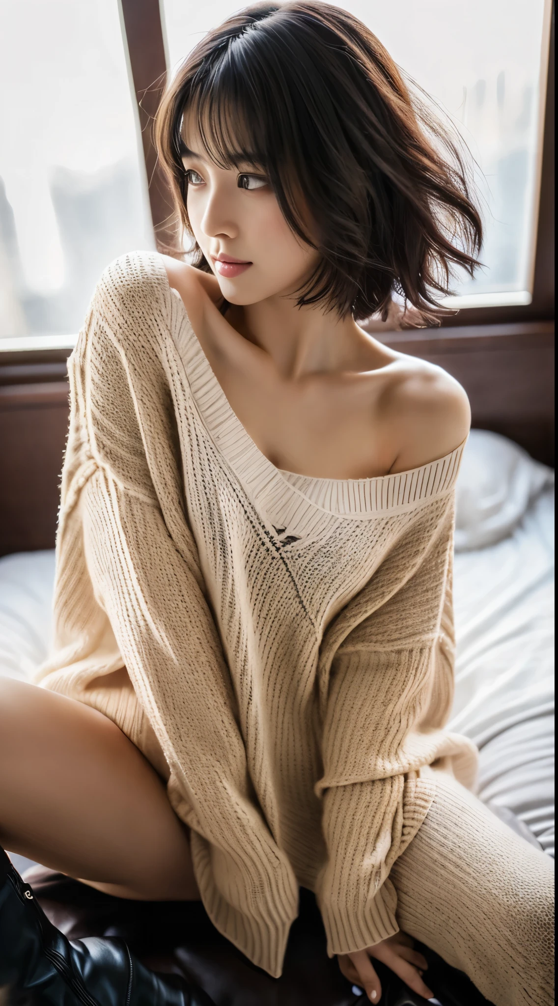 1girl,(wearing a oversize tunic sweater:1.4),(black leather long boots:1,4),(RAW photo, best quality), (realistic, photo-realistic:1.4),(full body:1.3), masterpiece,Attractive Japan Woman Pictures, an extremely delicate and beautiful, extremely detailed, 2k wallpaper, Amazing, finely detail, extremely detailed CG unity 8k wallpaper, ultra-detailed, highres, soft light, beautiful detailed girl, extremely detailed eyes and face, beautiful detailed nose, beautiful detailed eyes,cinematic lights,perfect anatomy,(bob hair:1.3),erotic pose,bedroom,