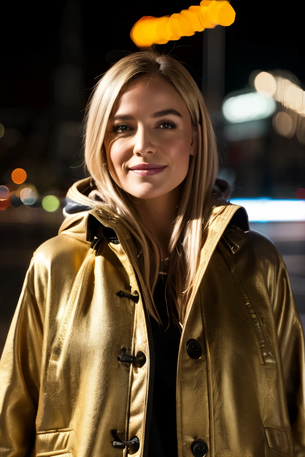 Daisyrdl,Eine Frau,(Vorderansicht:1),mittellanges Haar,Blick auf den Betrachter,(Lichter der Stadt),Parka tragen,regnerisch,Goldene Stunde,smil,extremely Detailed,kompliziert,Meisterwerk,filmisch,(Filmkorn:1.2),bokeh,Volumetrische Beleuchtung,motion blur, (Felgenlicht:1.2), add_Detail:2,