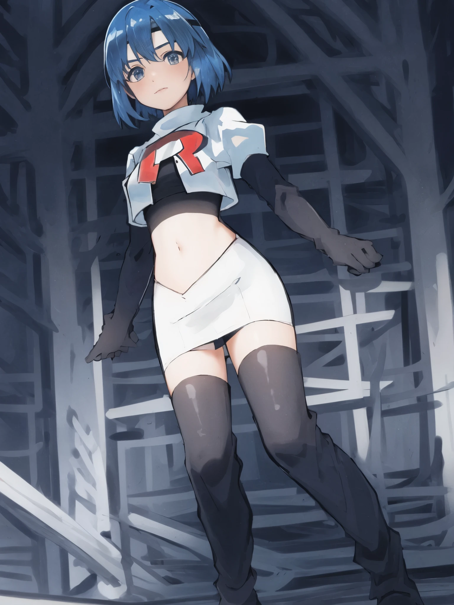 catria_echoes, 1girl, solo, short hair, zettai ryouiki, headband, team rocket,team rocket uniform, red letter R, white skirt,white crop top,black thigh-highs,black elbow gloves,
