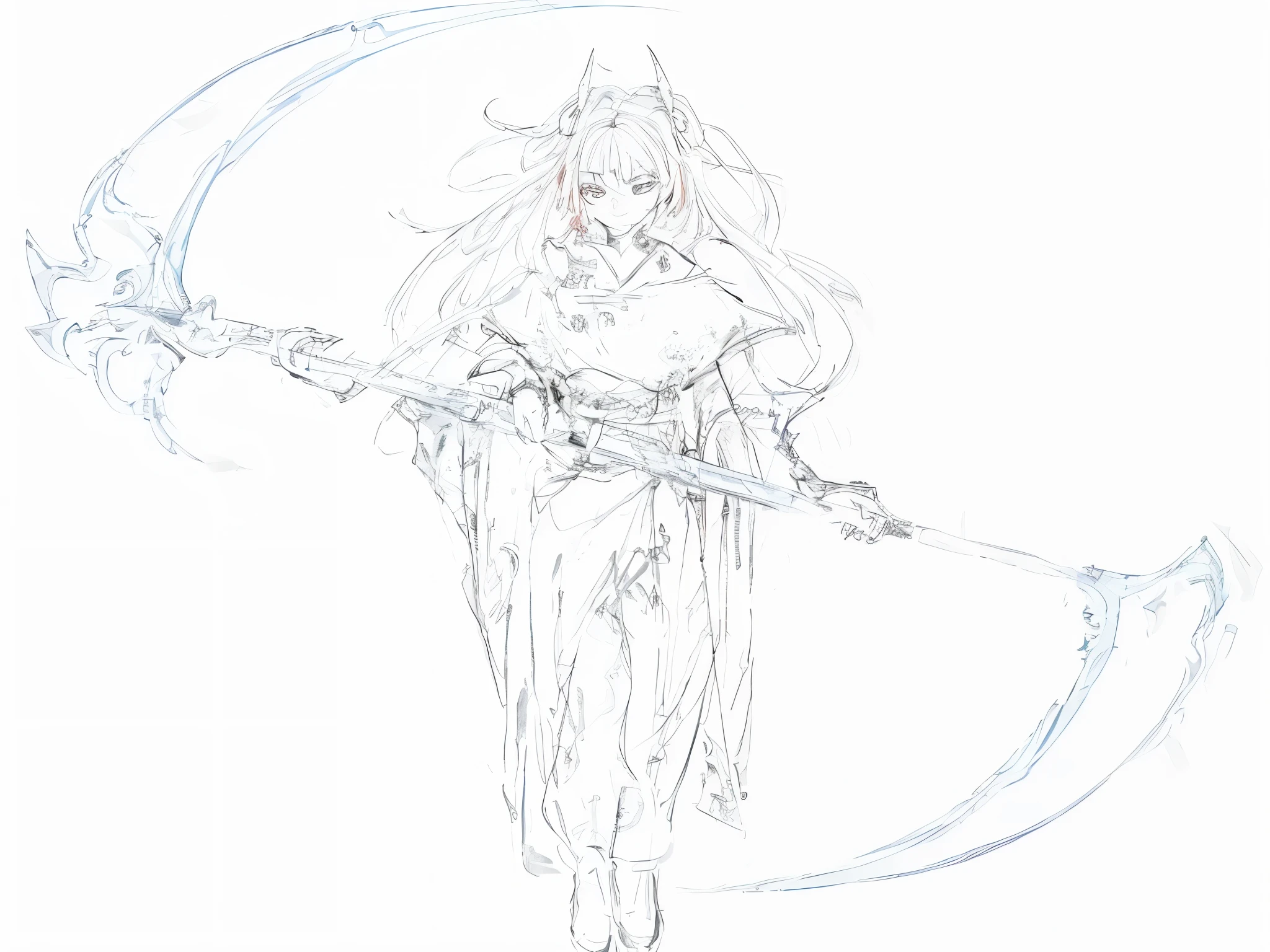 gothic maiden anime girl, uma mulher berserker muito bonita e imponente, fantasia de anime, rosto ensanguentado, ultra-Antecedentes detalhados, Antecedentes detalhados,Gothic woman with long hair,gothic horror vibes,light smile,Ela tem cabelos branco-grisalhos,cabelos brilhantes,red monochrome,Blank Space Shoes,roupa com detalhes brancos,Random reflexes, peito de boylat、pequeno bonito、belos olhos detalhados,kimono branco com destalhes vermelho,corda vermelha na cintura,double scythe with several medium sized symbols holding the scythe behind,ver a foice na parte de tras,two small wavy black horns on the head, linear limpo,corpo inteiro