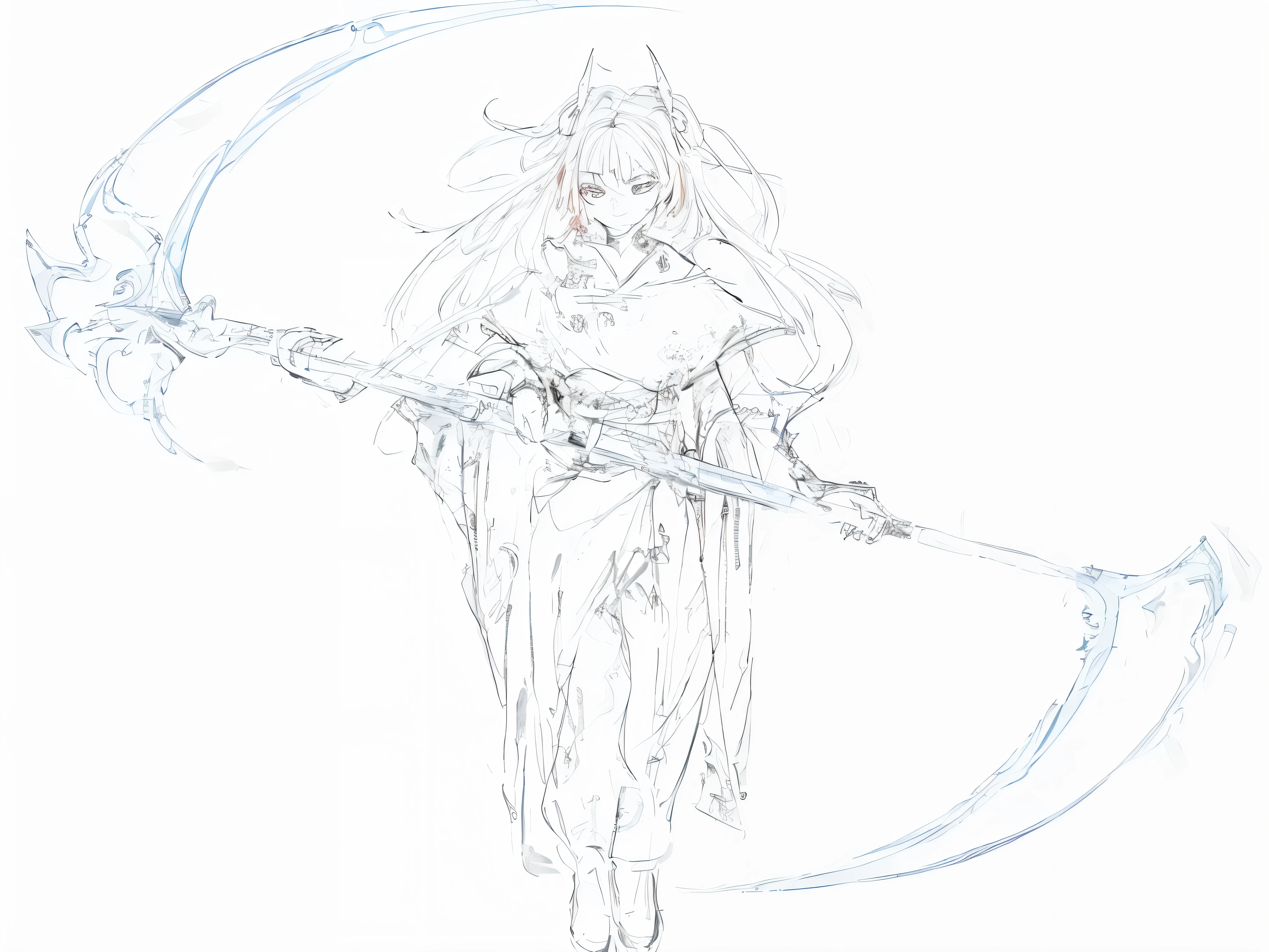 gothic maiden anime girl, uma mulher berserker muito bonita e imponente, fantasia de anime, rosto ensanguentado, ultra-Antecedentes detalhados, Antecedentes detalhados,Gothic woman with long hair,gothic horror vibes,Sorriso leve,Ela tem cabelos branco-grisalhos,cabelos brilhantes,red monochrome,Blank Space Shoes,roupa com detalhes brancos,Random reflexes, peito de boylat、pequeno bonito、belos olhos detalhados,kimono branco com destalhes vermelho,corda vermelha na cintura,double scythe with several medium sized symbols holding the scythe behind,ver a foice na parte de tras,two small black wavy horns on the head, linear limpo,corpo inteiro