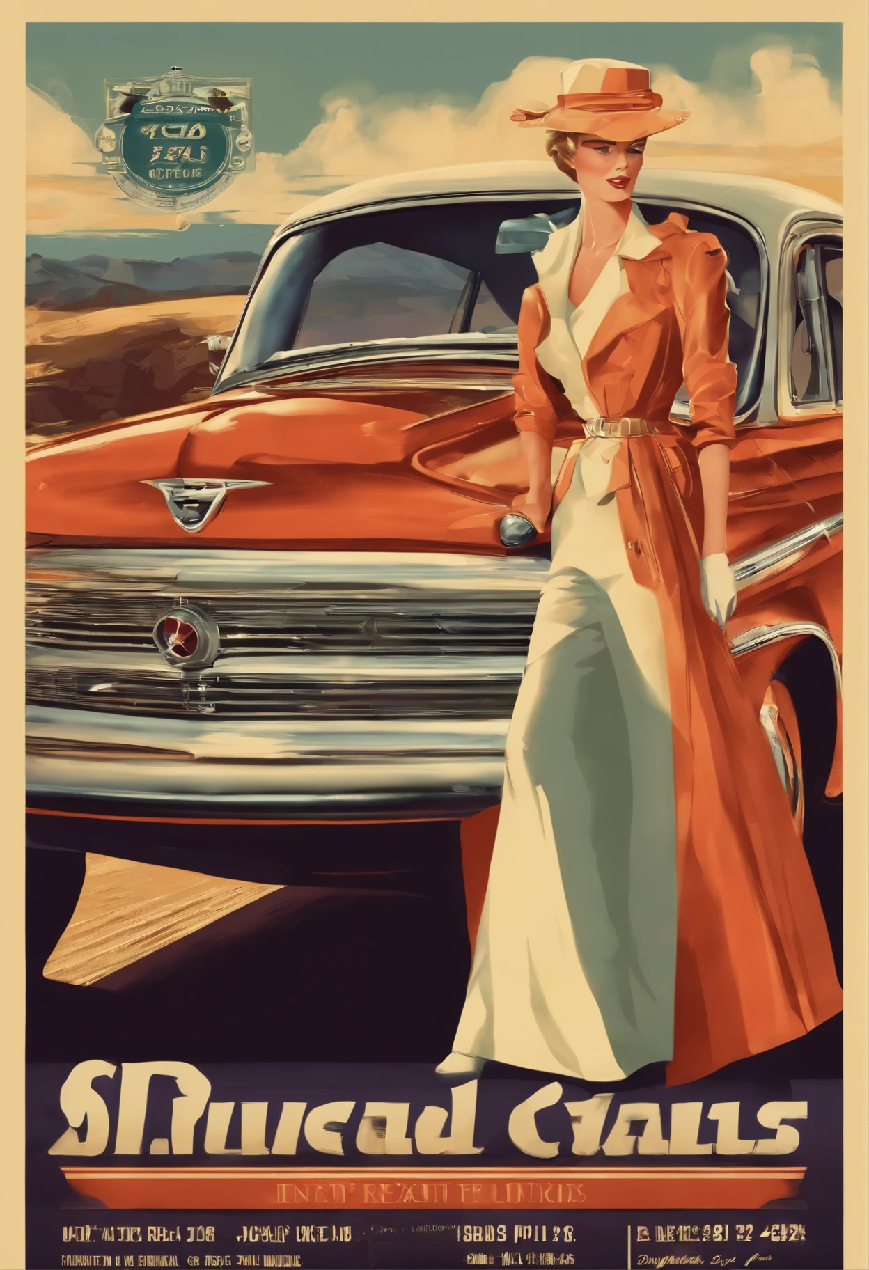 Vintage advertising for cars. Beautiful woman present car.