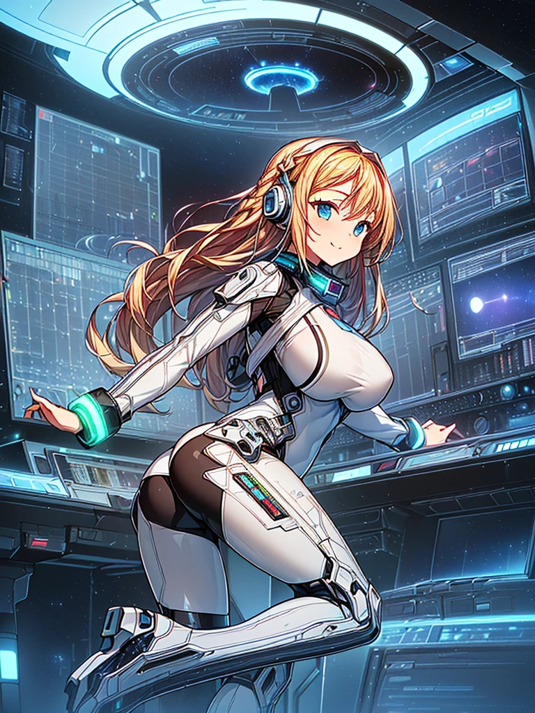 masterpiece:1.4, 1girl in ((20yr old, Wearing a tight, futuristic metallic white bodysuit,long boots, huge-breasted, blonde hair, long,Braided hair,marguerite'Hairstyles, Perfect model body, Blue eyes:1.4, Wearing headphones, Flirting, Happy, Looking out the window of the futuristic sci-fi space station、While admiring the beautiful galaxy:1.2, SFSF control room on night background:1.1, Neon and energetic atmosphere:1.2)) ((Galaxy)) ((Solo:1.6))