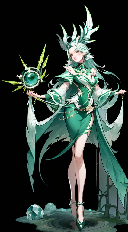 1 beautiful woman，A Necromancer，green clothing，Standing at full height，独奏，Clear facial features，(tmasterpiece，top Quority，beste-Qualit，extra high resolution，Clear facial featuresbeautiful eyesbeautiful face)