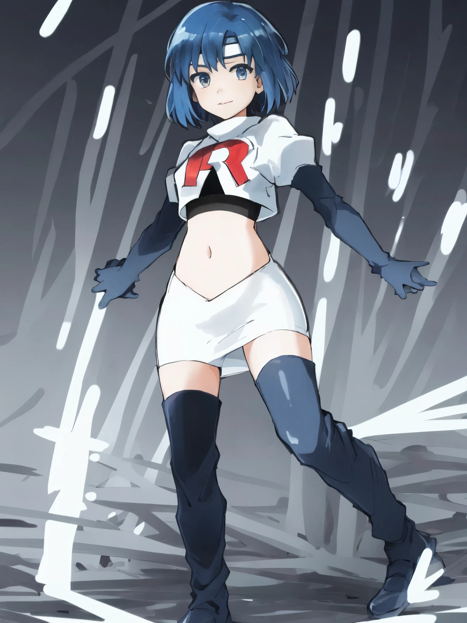 catria_echoes, 1girl, solo, short hair, zettai ryouiki, headband, team rocket,team rocket uniform, red letter R, white skirt,white crop top,black thigh-highs,black elbow gloves,