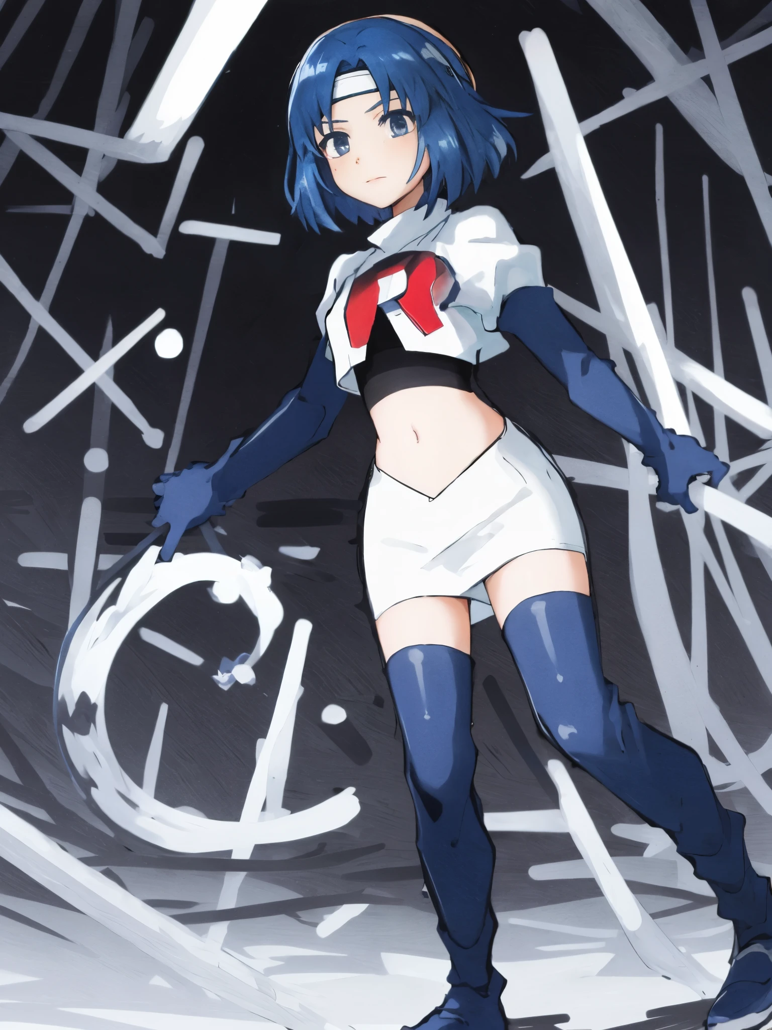 catria_echoes, 1girl, solo, short hair, zettai ryouiki, headband, team rocket,team rocket uniform, red letter R, white skirt,white crop top,black thigh-highs,black elbow gloves,