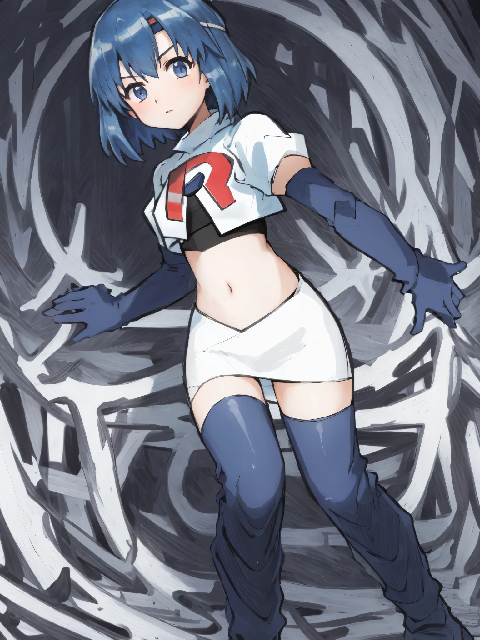 catria_echoes, 1girl, solo, short hair, zettai ryouiki, headband, team rocket,team rocket uniform, red letter R, white skirt,white crop top,black thigh-highs,black elbow gloves,