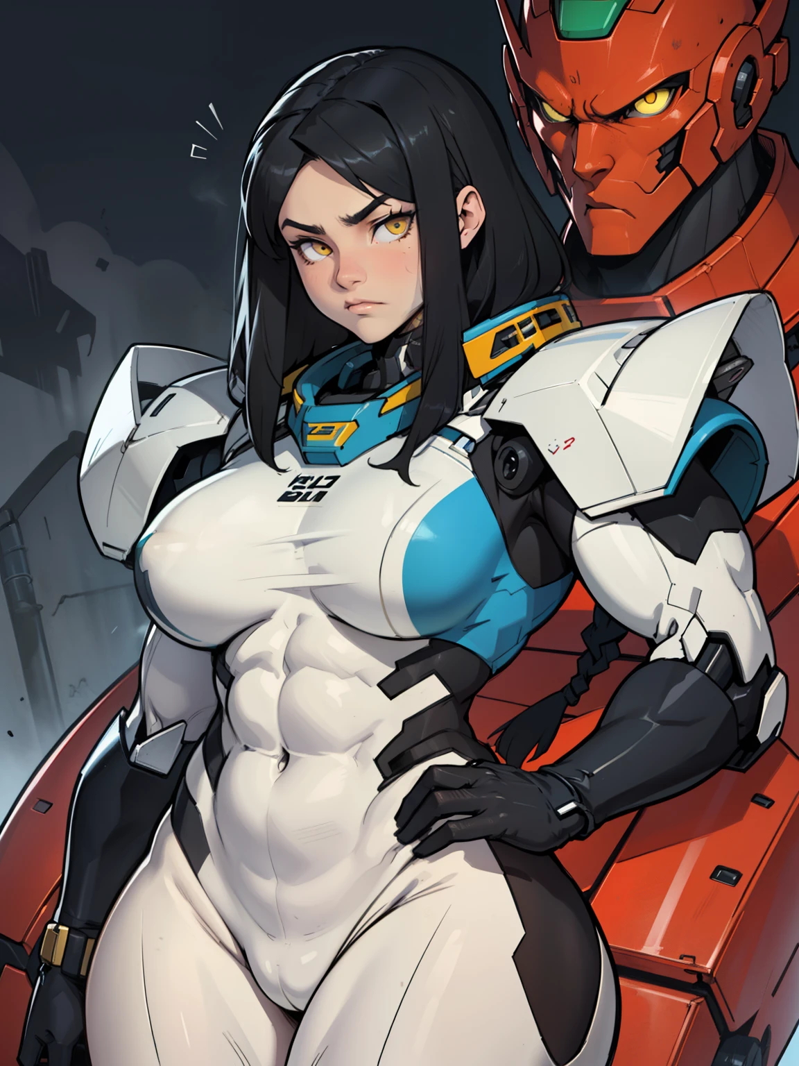 ((((muscular girl thick large breats toned body)))) sad girl black hair yellow eyes pale skin mecha mecha mecha mecha mecha mecha