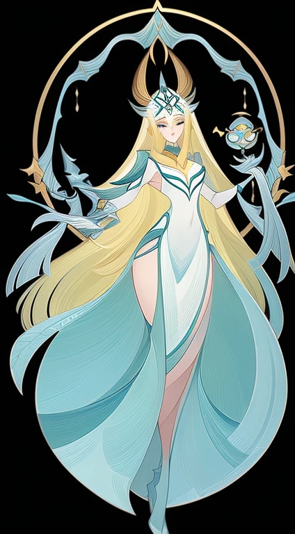 Full length portrait of 1 girl, Witcher, Gorgeous long dress, wizard hat, Standing on your feet, (((独奏))), Clear facial features, Linear design, ((Background of the Tarot card, symmetrical beauty)), Perfect symmetry, The art of symmetry, Permanent character drawings in colors)), (tmasterpiece,top Quority,beste-Qualit,extra high resolution,Clear facial featuresbeautiful eyesbeautiful face)