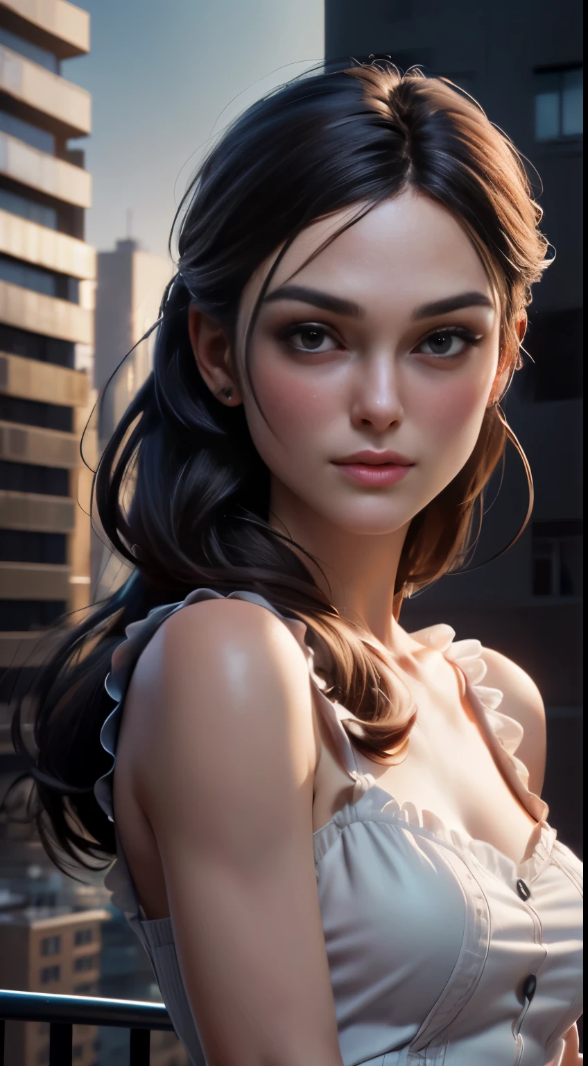 photo of Keira Knightley, RAW, beautiful woman, ((portrait)), ((detailed face:1.2)), ((detailed facial feature, detailed skin, clear skin), (perfect proportioned body, medium breasts), (wearing a doll dress) (high detailed city environment, apartment balcony), (realistic photo, best quality, detailed), (8k wallpaper), (cinematic lighting, dramatic lighting) (sharp focus, intricate)