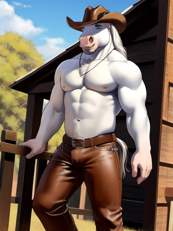 cowboy, man, naked, male, naked cowboy with cowboy hat, white fur, leather chaps, horse in background