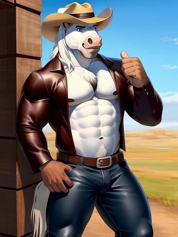 cowboy, man, naked, male, naked cowboy with cowboy hat, white fur, leather chaps, horse in background