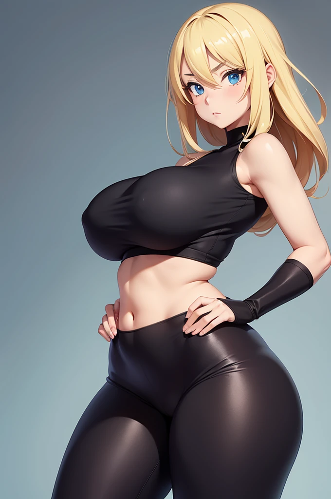 1girl, anime, large breasts, wide hips, facing viewer, blonde, topless, tight leggings, plain background, milf, curvy