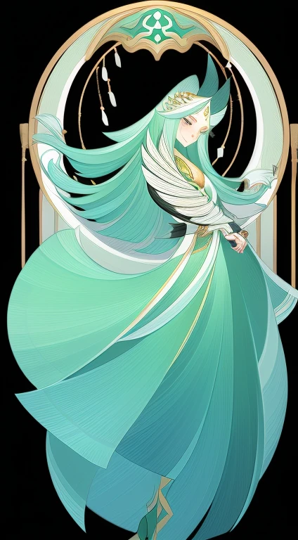 Full length portrait of 1 girl, Witcher, Gorgeous long dress, wizard hat, Standing on your feet, (((独奏))), Clear facial features, Linear design, ((Tarot card background, symmetrical beauty)), Perfect symmetry, The art of symmetry, Permanent drawings of characters in flowers)), (tmasterpiece,top Quority,beste-Qualit,extra high resolution,Clear facial featuresbeautiful eyesbeautiful face)A Necromancer,green clothing,Standing at full height,独奏,Clear facial features,(tmasterpiece,top Quority,beste-Qualit,extra high resolution,Clear facial featuresbeautiful eyesbeautiful face)