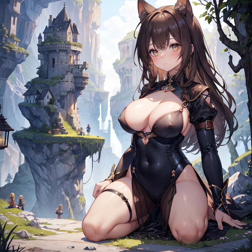 giantess girls in the background, simple background, (dark deep forest:1.1), (giantess:1.1), giantess girls in the background, (catgirl), brown hair, (brown skinned: 1.1), huge shiny breasts, bra, (cute princess: 1.2), (giantess:1.2), a giantess looming over a tiny army on a tiny hill, (tiny adventurers: 1.1), (crowds of tiny armies on a tiny cliff in front of a girl: 1.1), (tiny winter village: 1.3), hills, cliffs, mountains, (tiny armies of people on a cliff in front of a giantess breasts: 1.2), (a tiny army on a tiny hill in front of the breasts of a giantess: 1.2), (crowds of tiny armies on a cliff: 1.1), (adult woman: 1.2), (beautiful mature woman: 1.2), very detailed, beautiful, professionally drawn, bright sky, shiny detailed breasts, (erect nipples: 1.1), (perfect beautiful skin)
