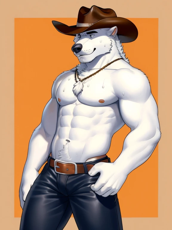 cowboy, man, naked, male, naked cowboy with cowboy hat, white fur, leather chaps, slim body, sweating