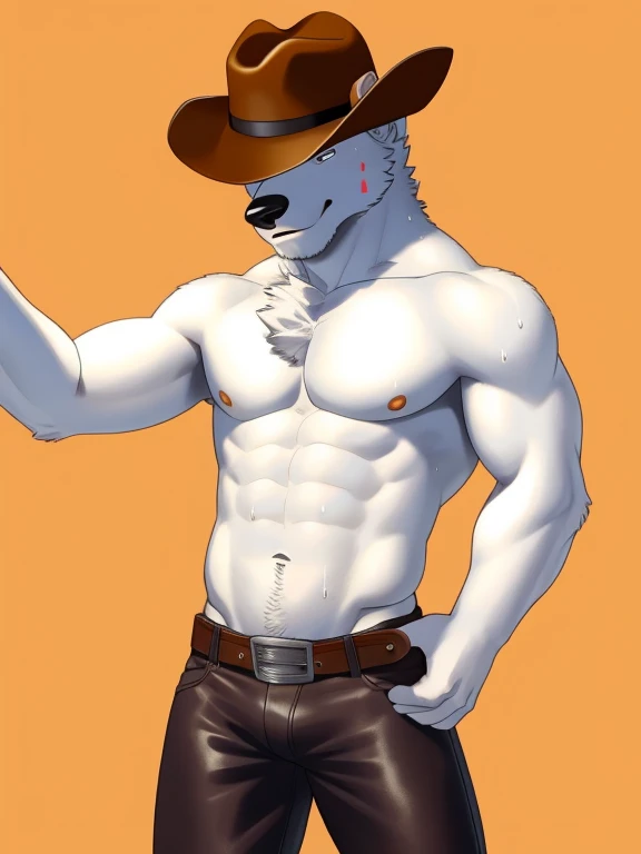 cowboy, man, naked, male, naked cowboy with cowboy hat, white fur, leather chaps, slim body, sweating