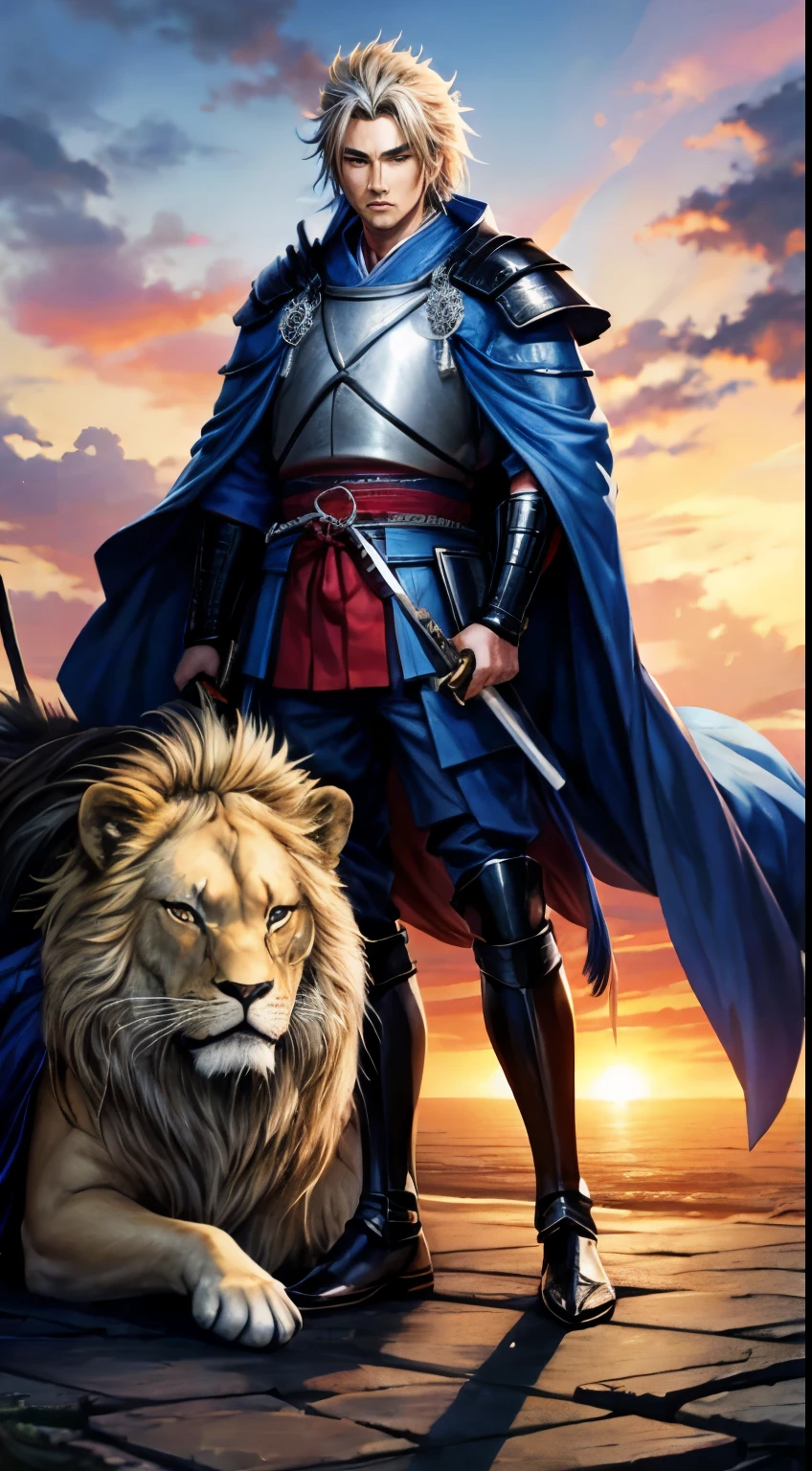 Anime style better quality possible, japan feudal, a samurai with lion face, sword in hand, in a horse, blue armor, black boots, blue cape