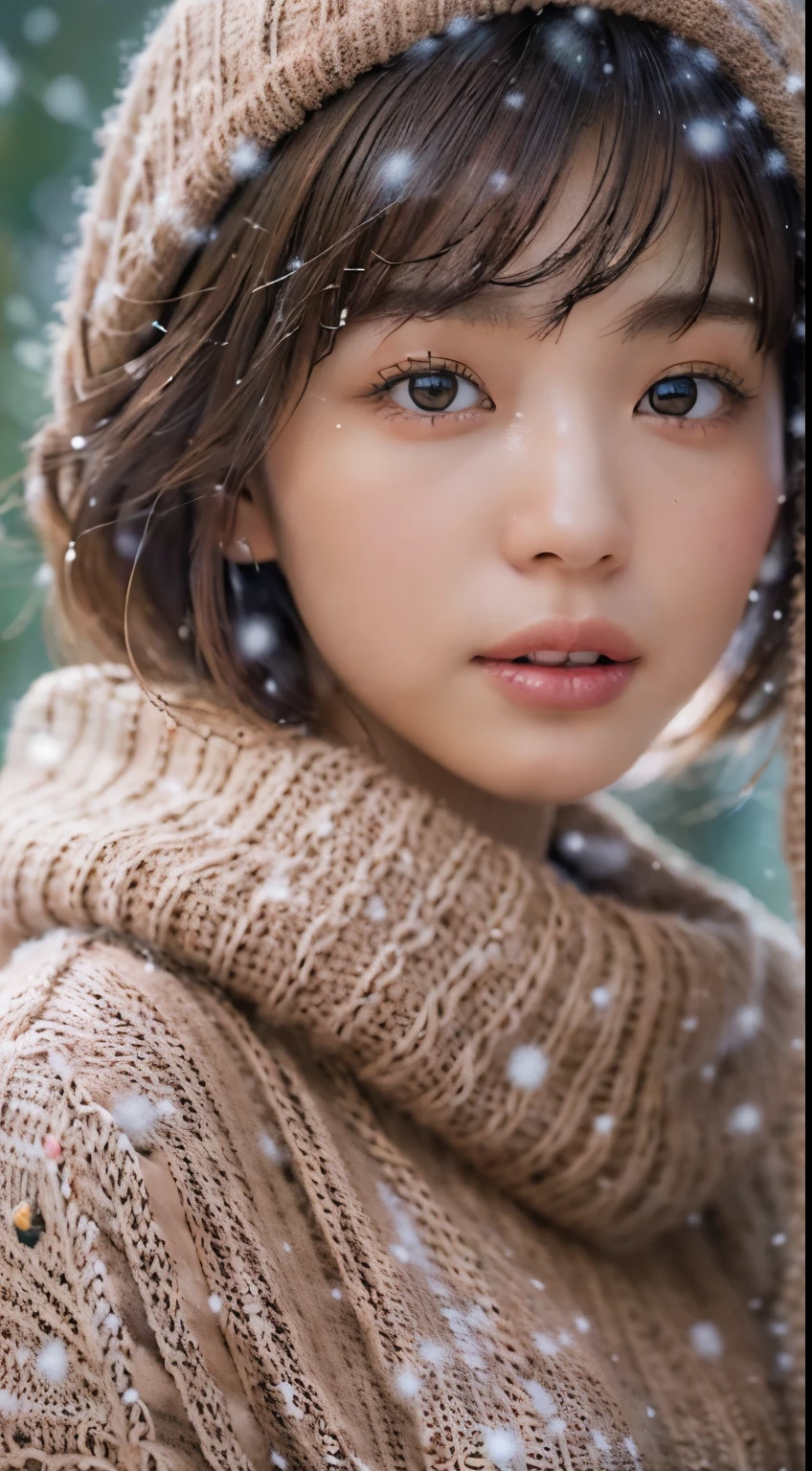 in the snowy forest, japanese woman, (pink knit sweater:1.3), snowing, pupils sparkling, brown short hair, big breast, realistic Portrait, depth of field, f/1.8, anatomically correct, textured skin, super detail, high details, high quality, super detail, high details, high quality, best quality, highres