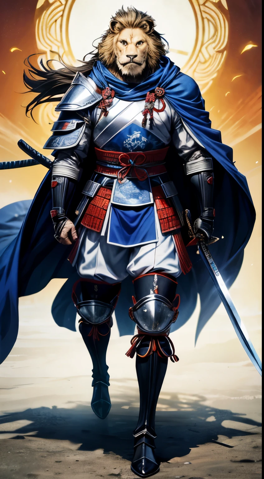 Anime style better quality possible, japan feudal, a samurai strong man, with lion face, sword in hand, in a horse, blue armor, black boots, blue cape