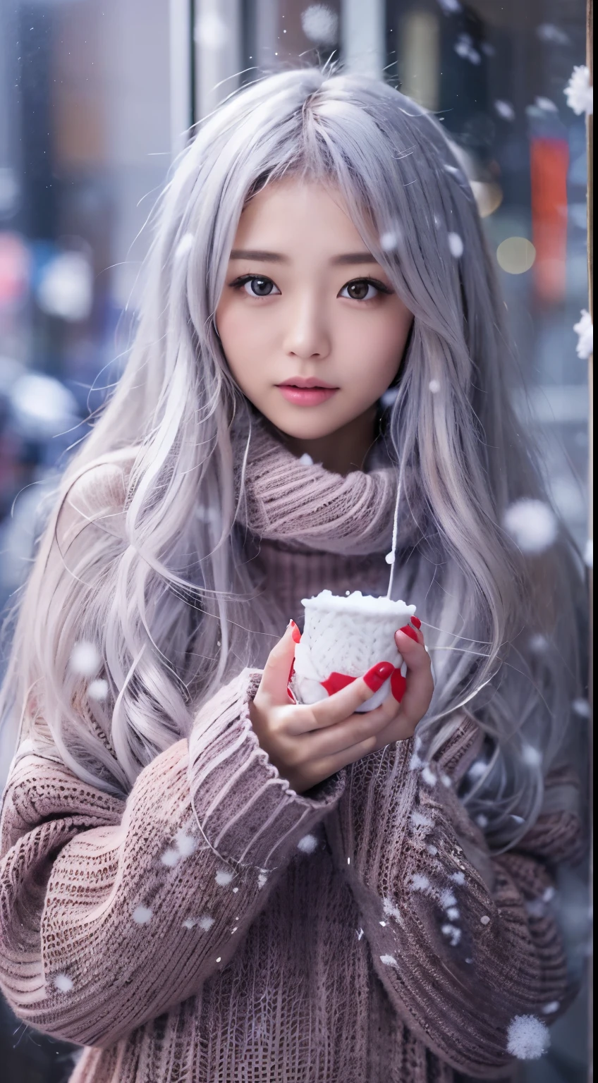 stand in front of the Christmas show window, japanese woman, (knit sweater:1.3), snowing, pupils sparkling, silver long straight hair, depth of field, f/1.8, anatomically correct, textured skin, super detail, high details, high quality, super detail, high details, high quality, best quality, highres